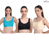 Medium Impact Padded Sports Bra in Combo Pack Of 3 Colour (Skin ,Sky Blue, Black)