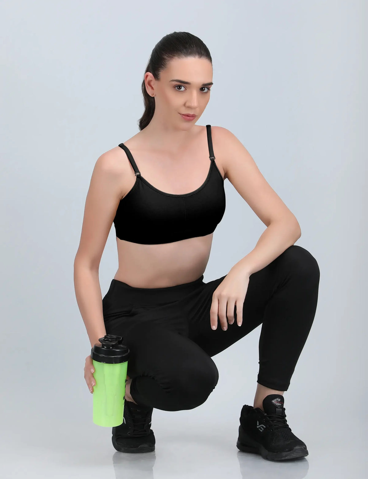Medium Impact Padded Kuki Sports Bra Thin Strap In Black Colour