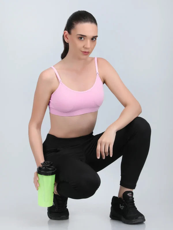 Medium Impact Padded Kuki Sports Bra Thin Strap In Light Pink Colour