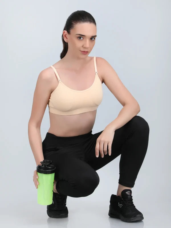 Medium Impact Padded Kuki Sports Bra Thin Strap In Skin Colour