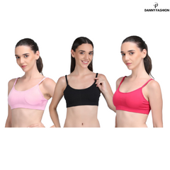 Medium Impact Padded Kuki Sports Bra Thin Strap In Combo Pack Of 3 Colour (Pink, Black, Light Pink)