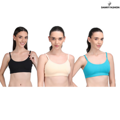 Medium Impact Padded Kuki Sports Bra Thin Strap In Combo Pack Of 3 Colour (Skin ,Sky Blue, Black)