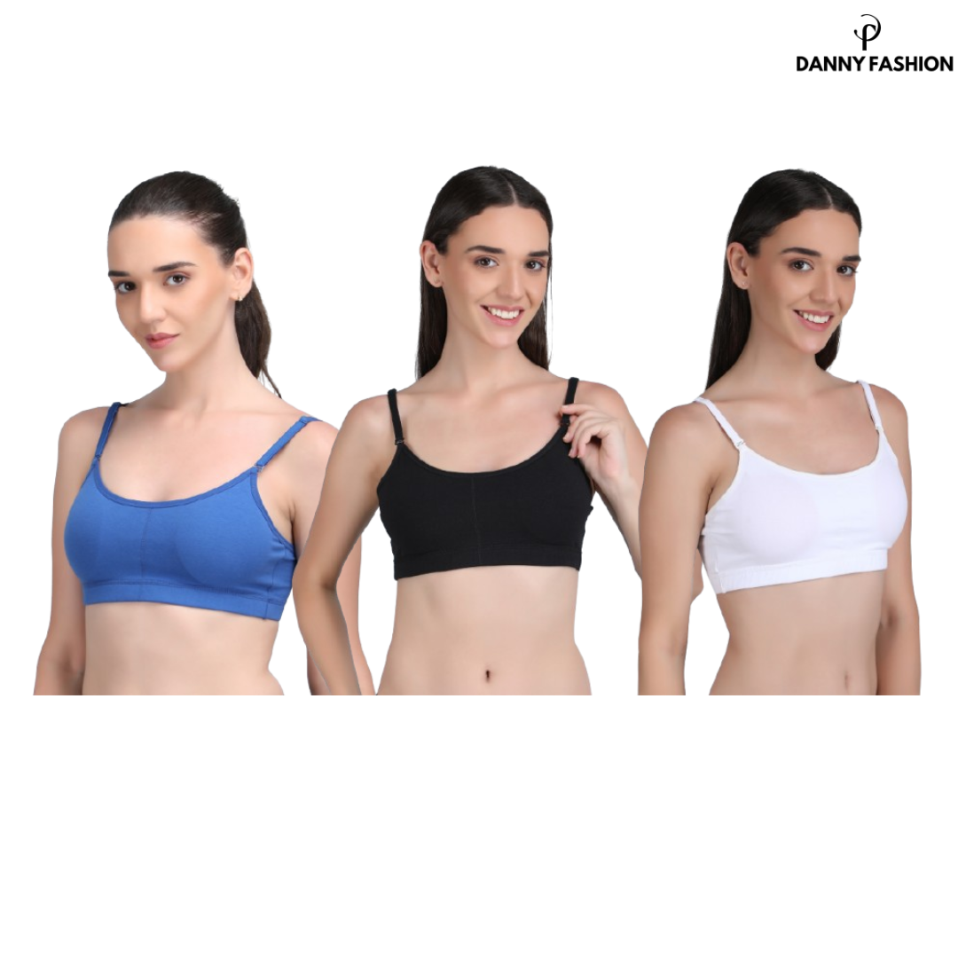 Medium Impact Padded Kuki Sports Bra Thin Strap In Combo Pack Of 3 Colour (White, Blue, Black)