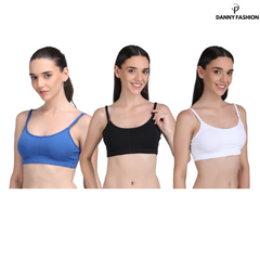Medium Impact Padded Kuki Sports Bra Thin Strap In Combo Pack Of 3 Colour (White, Blue, Black)