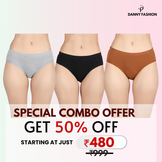 Full Coverage Hipster Panty Combo Pack Of 3 (Black,Grey,Brown)