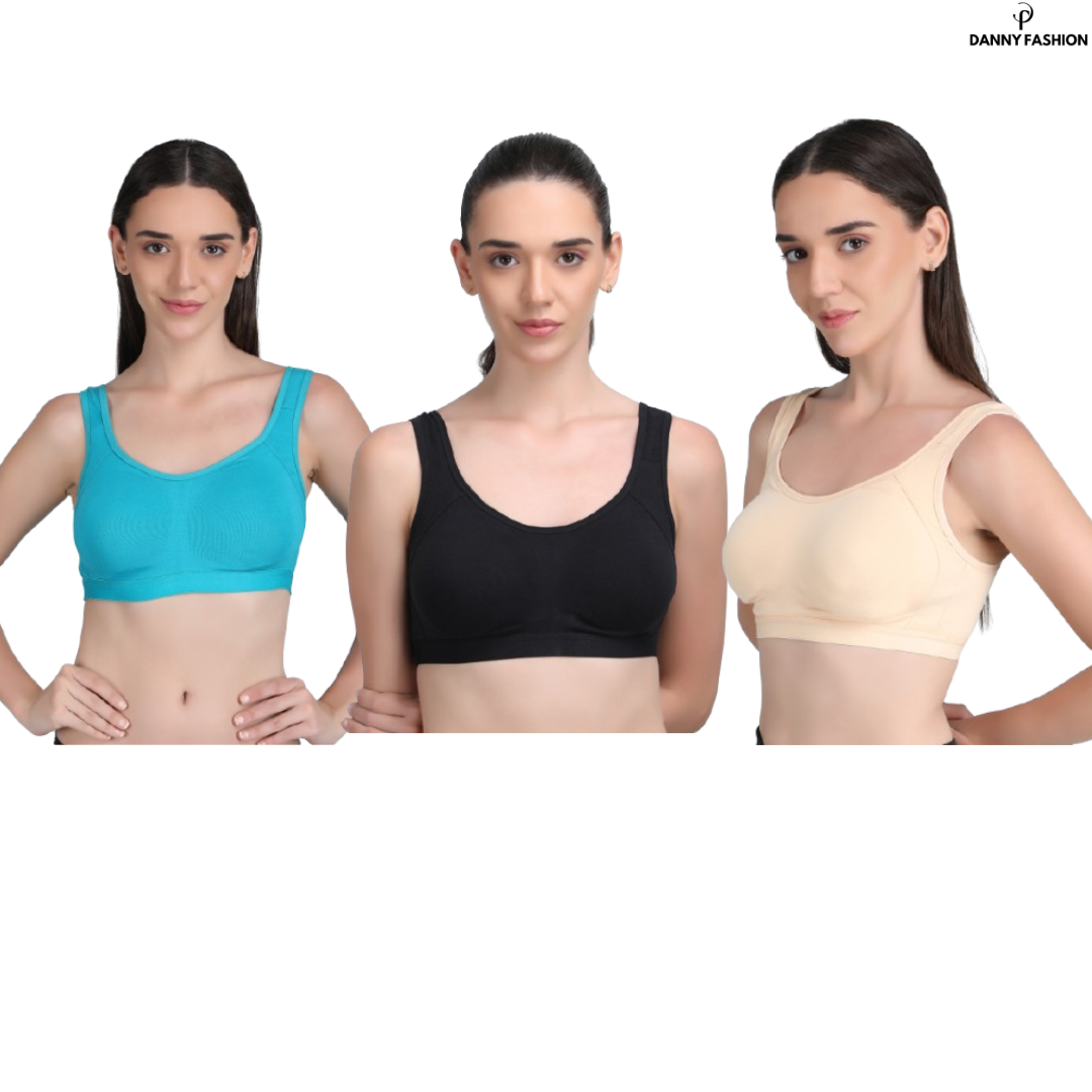 Medium Impact Padded Sports Bra in Combo Pack Of 3 Colour (Skin ,Sky Blue, Black)