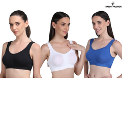 Medium Impact Padded Sports Bra in Combo Pack Of 3 Colour (White, Blue, Black)